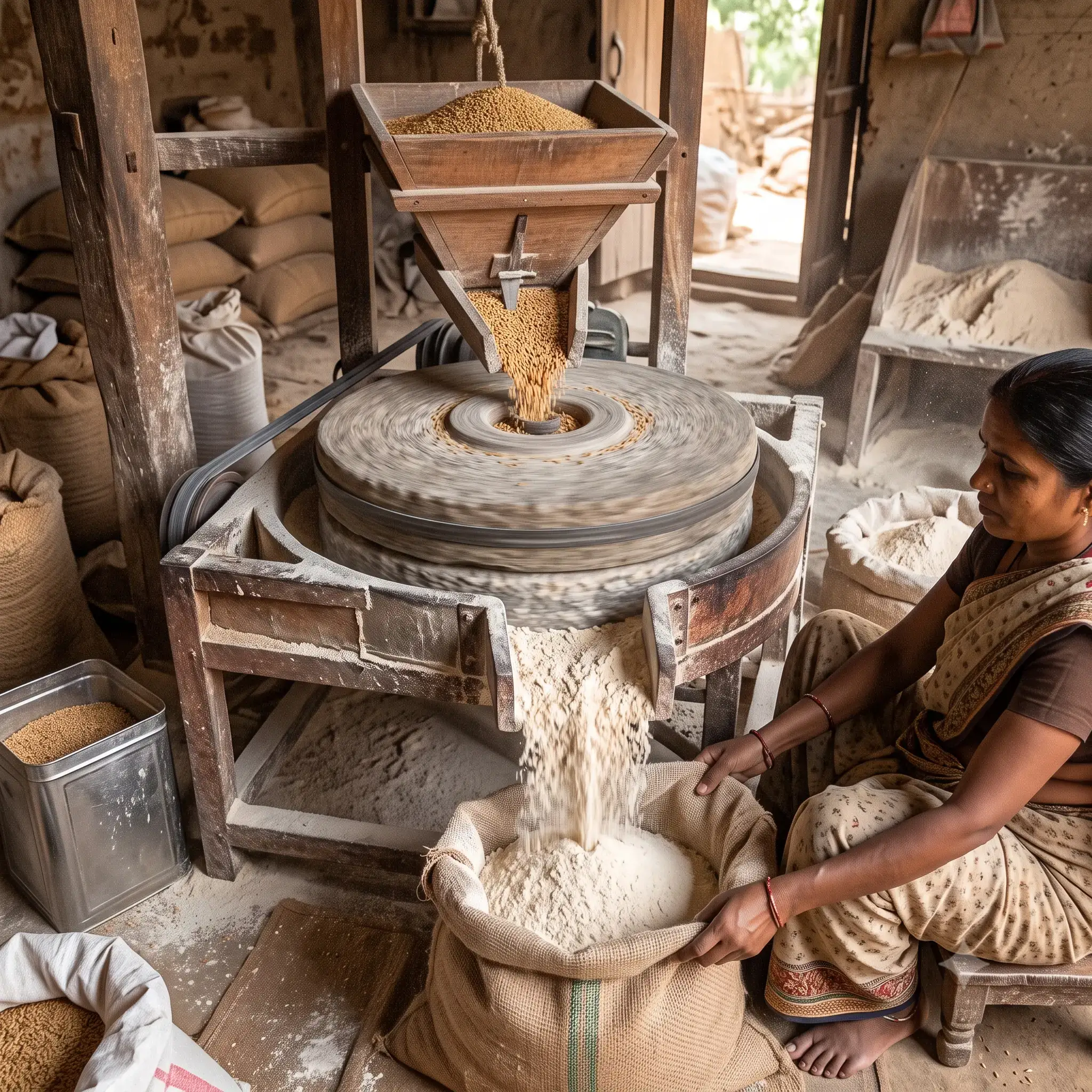 Traditional stone chakki grinding fresh wheat atta